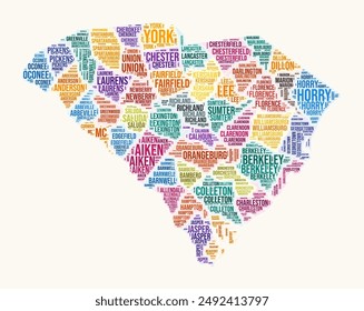 Nube de palabras del condado de Carolina del Sur. Logotipo del estado. Condados tipografía estilo Imagen de Vector. Nube de texto coloreada de Carolina del Sur. Ilustración vectorial con clase.