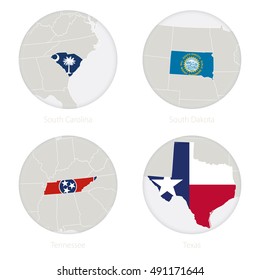 South Carolina, South Dakota, Tennessee, Texas US states map contour and national flag in a circle. Vector Illustration.