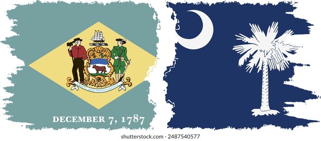 South Carolina and Delaware states grunge brush flags connection, vector