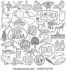 South Carolina Doodle Icons Black and White Line Art. USA State Clipart Hand Drawn Symbol Design.