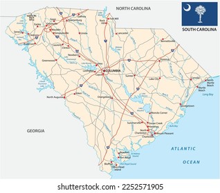 mapa de vectores de carreteras del estado federal de carolina del sur con bandera