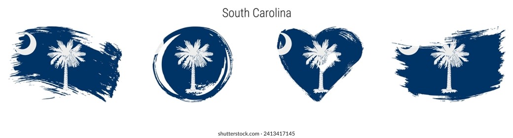 South Carolina hand drawn grunge style flag icon set. US state banner in official colors. Free brush stroke shape, circle and heart-shaped. Flat vector illustration isolated on white.