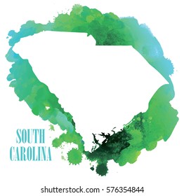 South Carolina. High detailed vector maps. Spray watercolor paint.