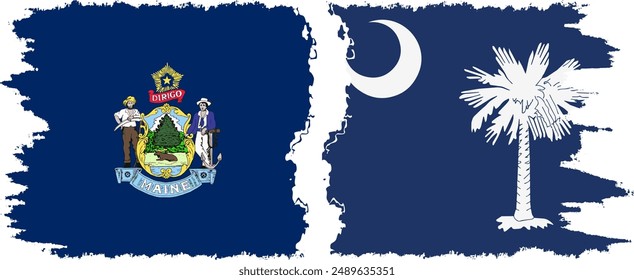 South Carolina and Maine states grunge brush flags connection, vector