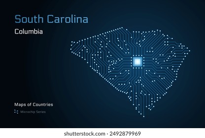 South Carolina Map with a capital of Columbia Shown in a Microchip Pattern. E-government. United States vector maps. Microchip Series