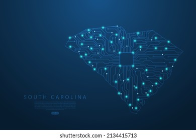 South Carolina Map - United States of America Map vector with Abstract futuristic circuit board. High-tech technology mash line and point scales on dark background - Vector illustration ep 10 