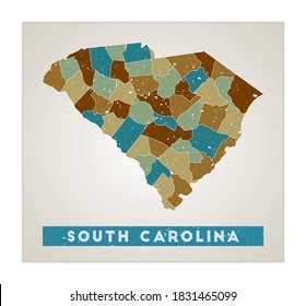 South Carolina map. US state poster with regions. Old grunge texture. Shape of South Carolina with US state name. Modern vector illustration.