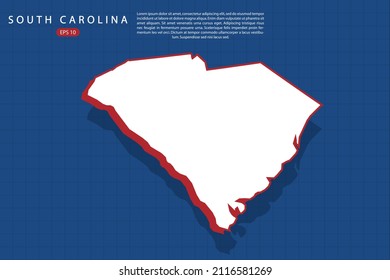 South Carolina Map - USA, United States of America map vector template with isometric style with white and red color including shadow on Blue grid background - Vector illustration eps 10