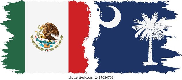 South Carolina and Mexico grunge brush flags connection, vector