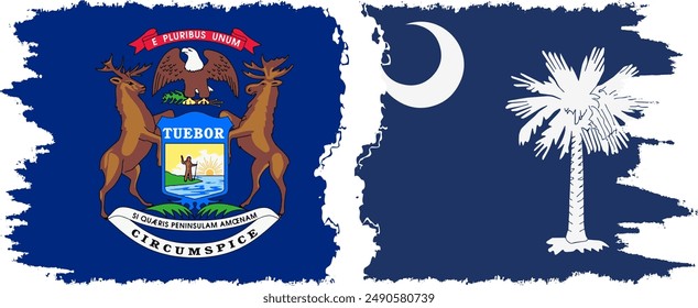 South Carolina and Michigan states grunge brush flags connection, vector