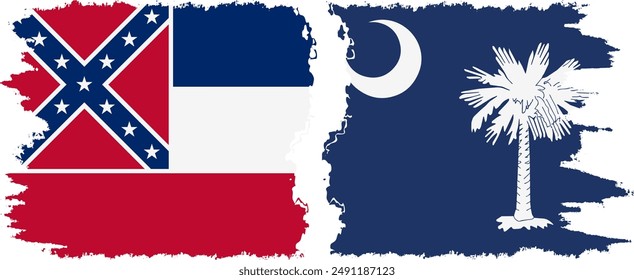 South Carolina and Mississippi states grunge brush flags connection, vector