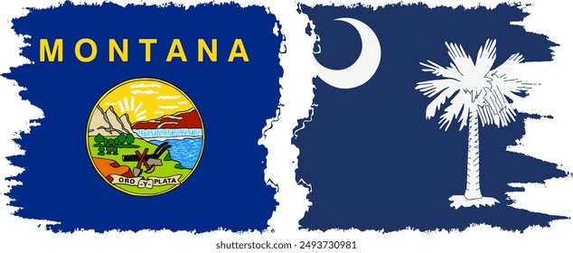 South Carolina and Montana states grunge brush flags connection, vector