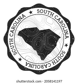 Sello exterior de Carolina del Sur. Pegatina redonda con mapa de estados de estados unidos con aislamientos topográficos. Ilustración vectorial. Puede utilizarse como insignia, logotipo, etiqueta, pegatina o placa de Carolina del Sur.