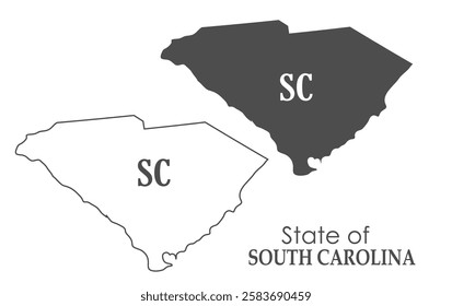 South Carolina. The outline and silhouette of the state with the abbreviated abbreviation of the name. The state border. A template for the design of printed products
