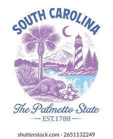 South Carolina The Palmetto State - US State Vintage T-shirt Vector, USA States Cityscape Landmark Icons, American State Typography Shirt, USA Skyline Clipart, Retro travel city illustration