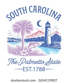 Carolina do Sul O Estado de Palmetto - Estados Unidos Estado Cityscape T-shirt Vetor, Ícones americanos de referência, Vintage Estados Cityscape Camisa, Retro Travel City Art, Estados Landmark Quotes, Estado Vacation Illustrati