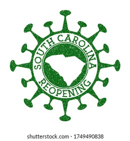 South Carolina Reopening Stamp. Green round badge of us state with map of South Carolina. Us state opening after lockdown. Vector illustration.