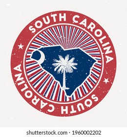 South Carolina round stamp. Logo of US state with state flag. Vintage badge with circular text and stars, vector illustration.