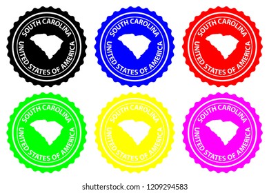 South Carolina - rubber stamp - vector, South Carolina (United States of America) map pattern - sticker - black, blue, green, yellow, purple and red 