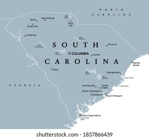 South Carolina, SC, gray political map, with capital Columbia, largest cities and borders. State in the southeastern region of the United States of America. The Palmetto State.  Illustration. Vector. svg