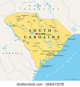 South Carolina, SC, political map, with the capital Columbia, largest cities and borders. State in the southeastern region of the United States of America. The Palmetto State.  Illustration. Vector. svg