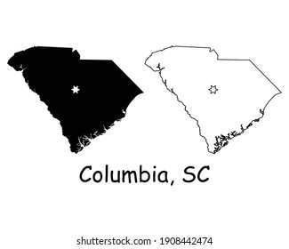 South Carolina SC state Map USA with Capital City Star at Columbia. Black silhouette and outline isolated maps on a white background. EPS Vector