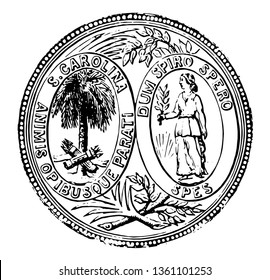 South Carolina seal adopted in 1776, with state motto " Quis separabit" vintage line drawing.