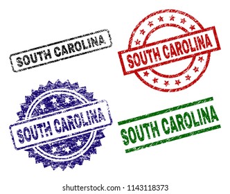 SOUTH CAROLINA seal prints with corroded texture. Black, green,red,blue vector rubber prints of SOUTH CAROLINA label with corroded surface. Rubber seals with round, rectangle, medallion shapes.