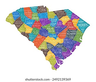 South Carolina shape. State word cloud with county division. South Carolina colored illustration. County names cloud. Vector illustration.