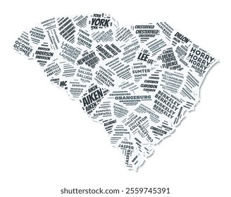 South Carolina shape text cloud. State border with shadow on white background. South Carolina with counties division in vintage gazette style. Vibrant vector illustration.