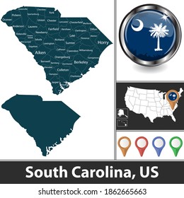 South Carolina state with counties and location on American map. Vector image