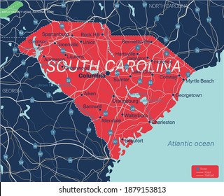 South Carolina state detailed editable map with cities and towns, geographic sites, roads, railways, interstates and U.S. highways. Vector EPS-10 file, trending color scheme