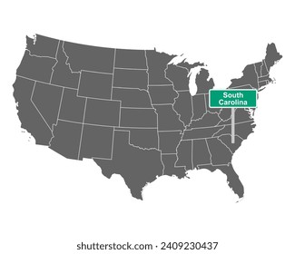 South Carolina state limit sign and map of USA on white
