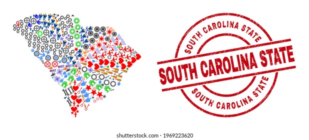 South Carolina State map collage and South Carolina State red circle stamp imitation. South Carolina State stamp uses vector lines and arcs. South Carolina State map collage contains helmets, homes,