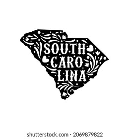 South Carolina state map with doodle decorative ornaments. For printing on souvenirs and T-shirts