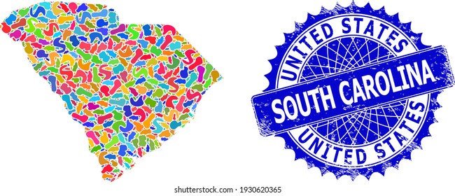 South Carolina State map flat illustration. Blot mosaic and unclean stamp seal for South Carolina State map. Sharp rosette blue mark with text for South Carolina State map.