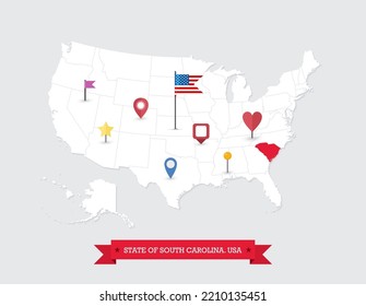South Carolina State map highlighted on USA map. South Carolina map on United state of America with flag and navigation icons.