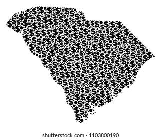 South Carolina State map mosaic of dollars and spheric points in different sizes. Abstract vector banking and GDP South Carolina State map.