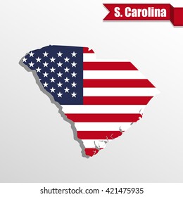 South  Carolina State map with US flag inside and ribbon