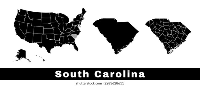 South Carolina state map, USA. Set of South Carolina maps with outline border, counties and US states map. Black and white color vector illustration.