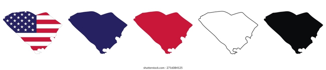A South Carolina state map vector illustration set featuring outline and solid fills, with American flag in blue, red, and black, perfect for geography education, Travel guides, and patriotic designs