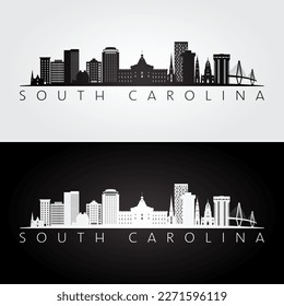 South Carolina state skyline and landmarks silhouette, black and white design. Vector illustration.