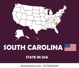 South Carolina state of USA text design with America flag and white silhouette map.