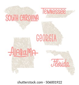 South Carolina, Tennessee, Georgia, Alabama, Florida USA state outline art with custom lettering for prints and crafts. United states of America wall art of individual states