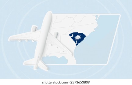 South Carolina Travel Illustration with Plane and National Flag. Ideal for travel agencies, promotional materials, or geographic content related to South Carolina.