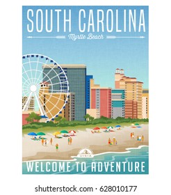 South Carolina travel poster or sticker. Vector illustration of Myrtle Beach with hotels, ferris wheel and people on the beach.