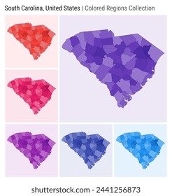 South Carolina, United States. Map collection. State shape. Colored counties. Deep Purple, Red, Pink, Purple, Indigo, Blue color palettes. Border of South Carolina with counties. Vector illustration.