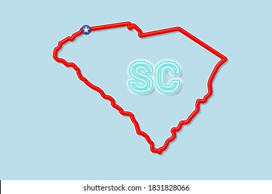 South Carolina US state bold outline map. Glossy red border with soft shadow. Two letter state abbreviation. Vector illustration.