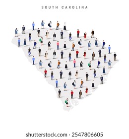 South Carolina US state population map. Large group of realistic a diverse crowd of people figures. Flat vector illustration isolated on white.