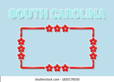 South Carolina US state soft blue neon letters lights off. Glossy bold red frame with stars. Soft shadows. Light blue background. Vector illustration.